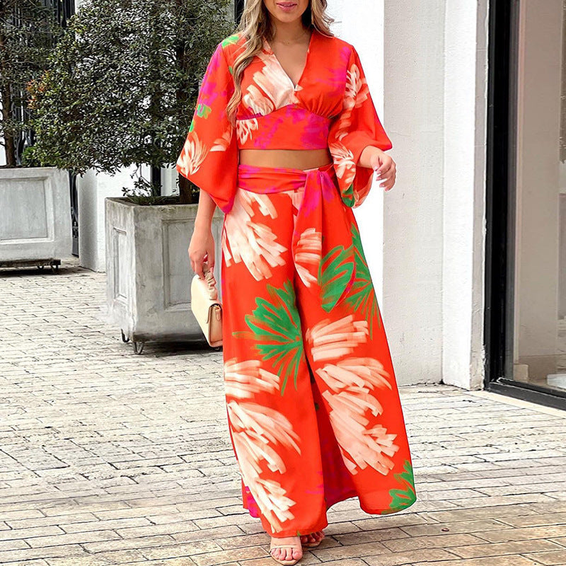 V-neck lantern sleeve short top high waist and wide leg pants