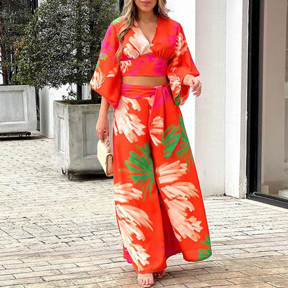 V-neck lantern sleeve short top high waist and wide leg pants