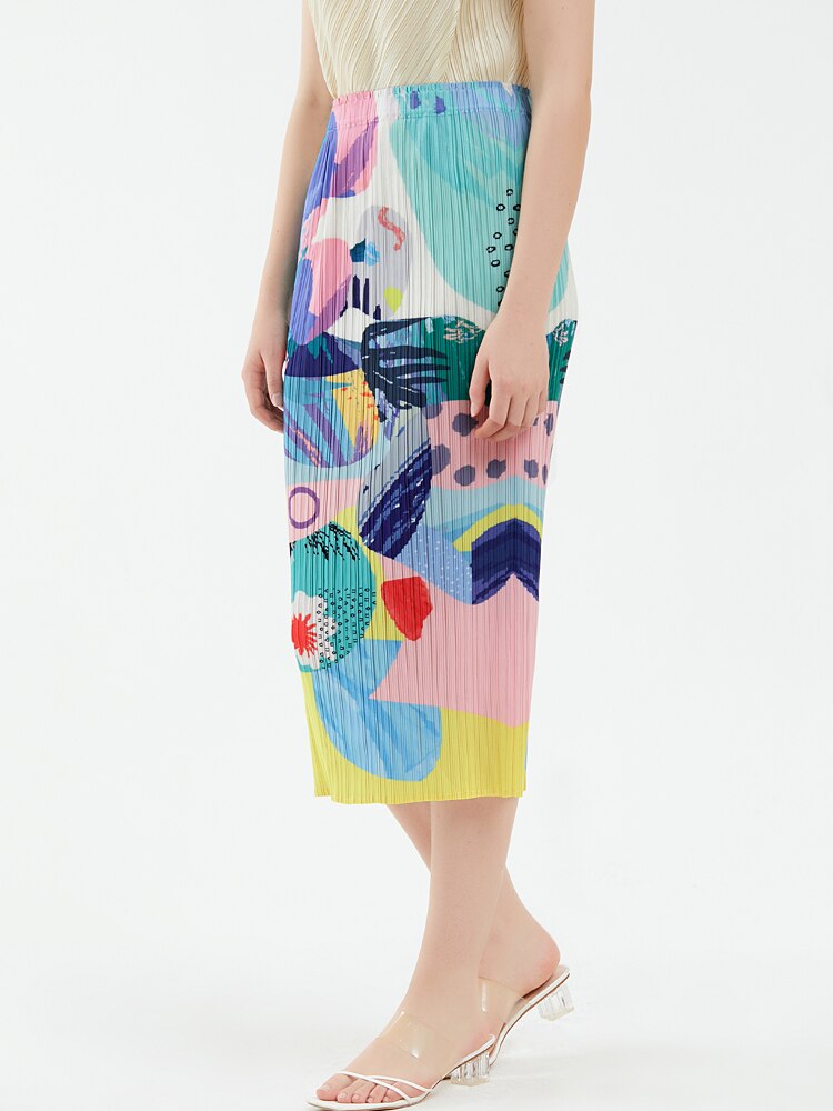 Geplooide designerrok met print en hoge taille