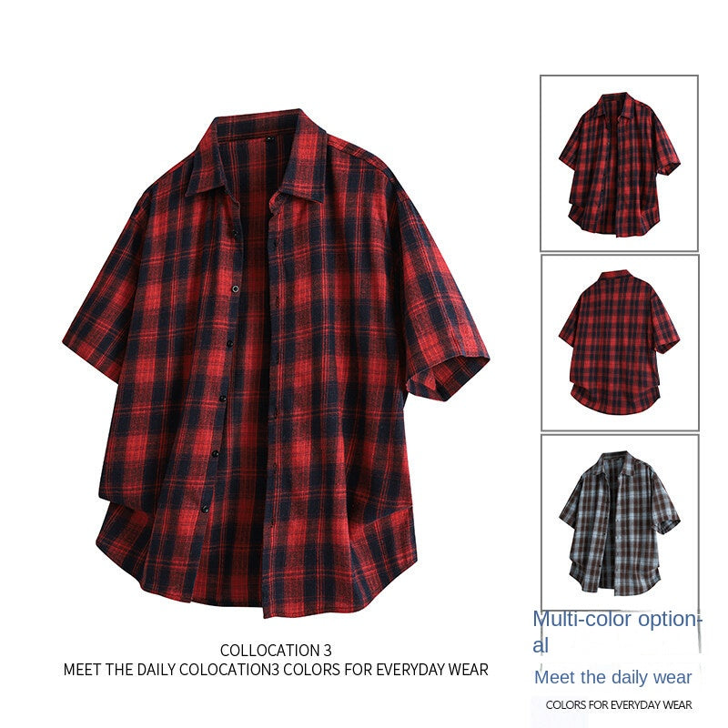 Men's Loose Trendy Short Sleeve Plaid Casual Shirt