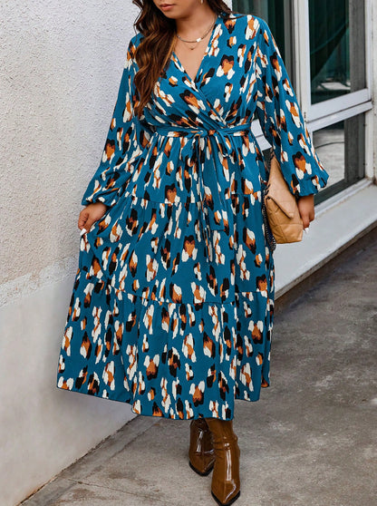 Elegant V-Neck Printed Long Sleeve Dress for Women
