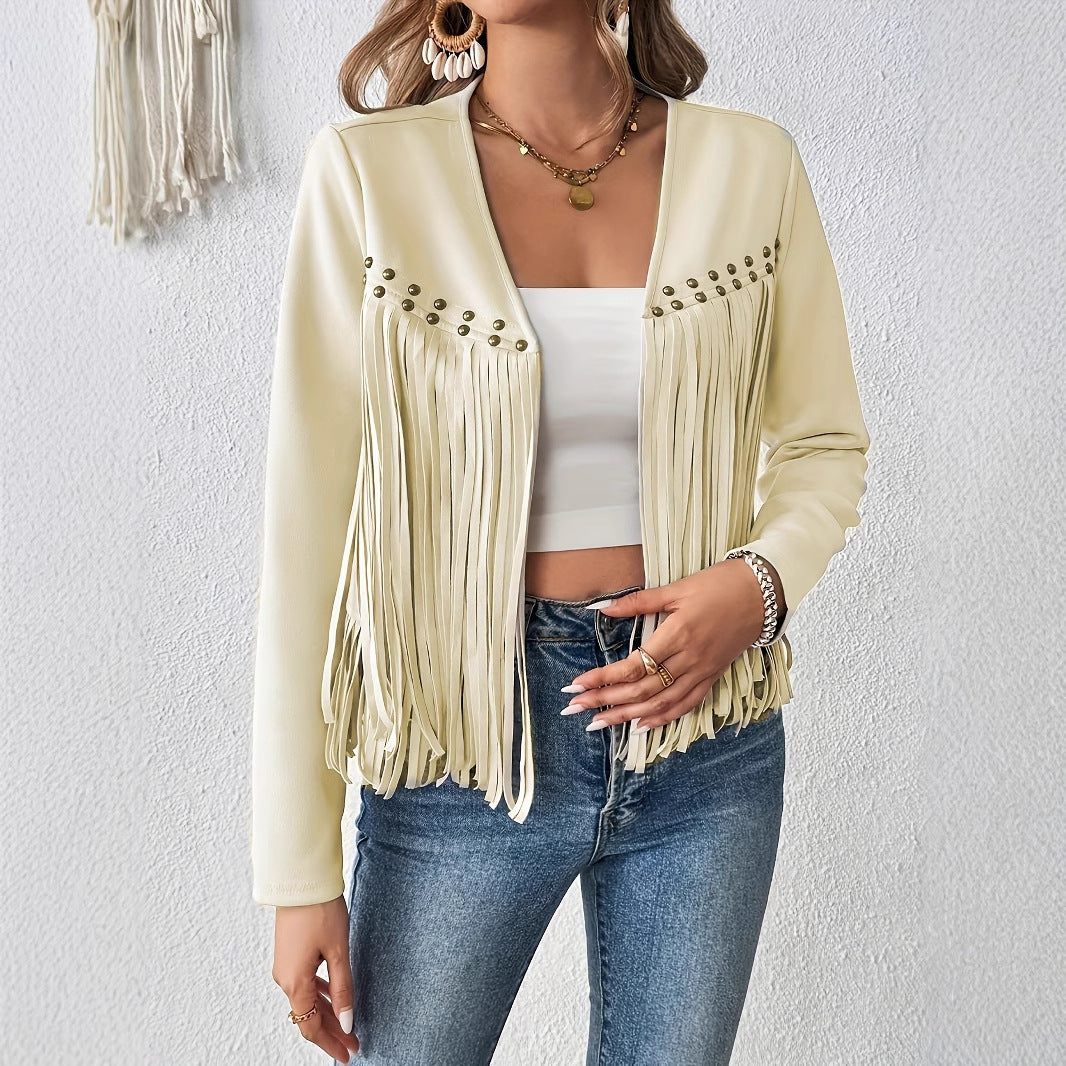 Elegant Solid Color Tassel Trimmed Front-Opening Jacket for Women