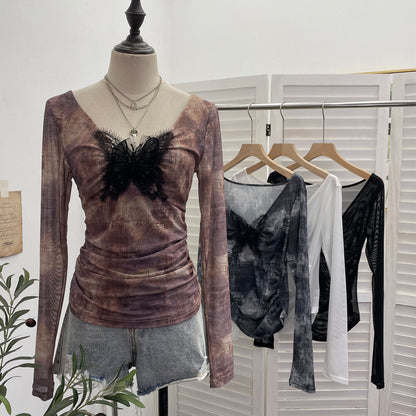 Lace butterfly V-neck top
