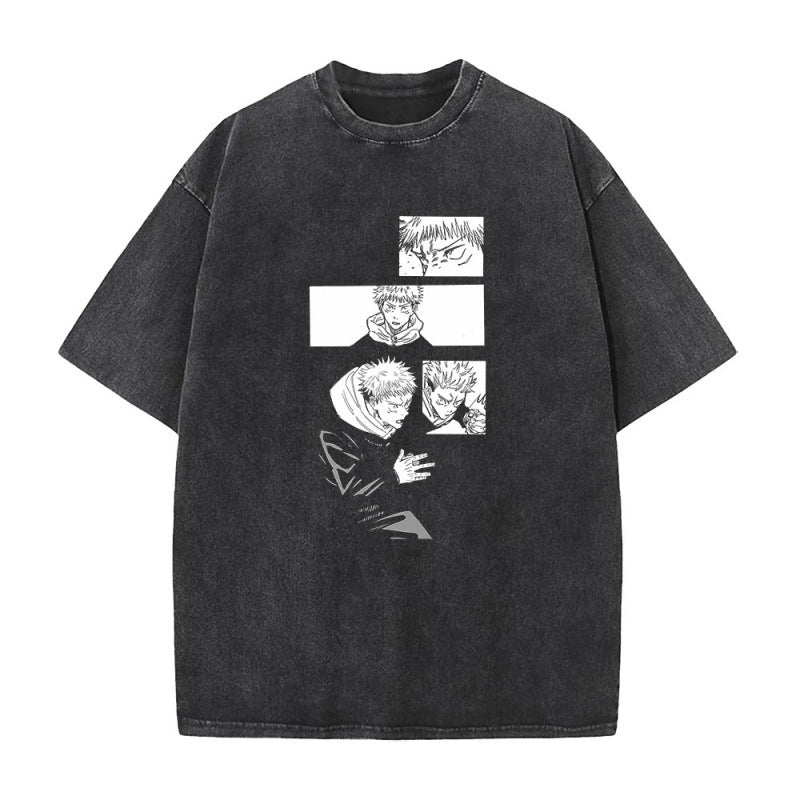 Summer AnimePrinted T-Shirt Cotton Washed Vintage Short Sleeve