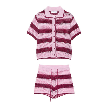 Knitted polo shirt jacket+shorts set