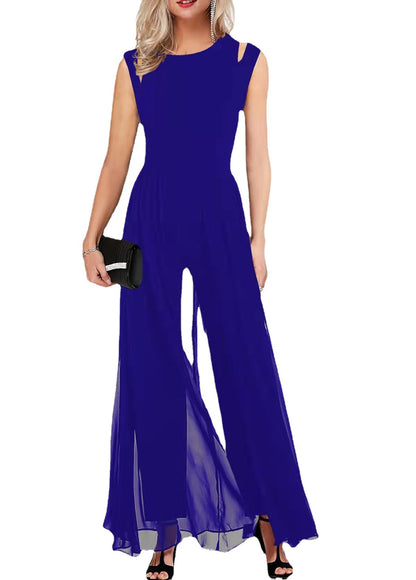 One piece slim fit women's round neck sleeveless hollow solid color jumpsuit