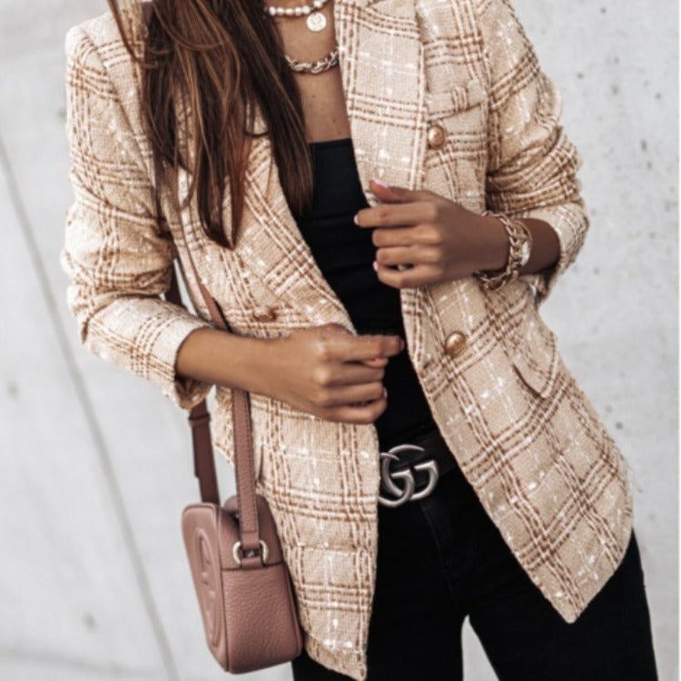 Autumn and winter new cross-border women's clothing hot selling suit long sleeved double breasted printed suit small jacket top