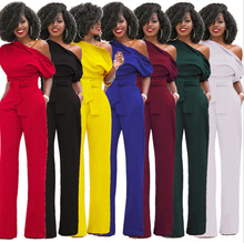 Solid color diagonal collar button up jumpsuit wide leg pants