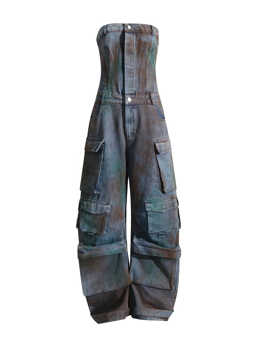 Strapless denim cargo jumpsuit met camouflageprint
