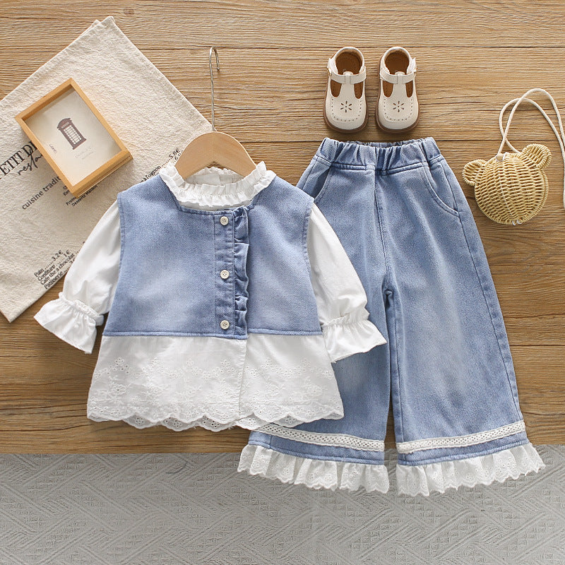 Cowboy skirt long sleeved three piece set baby and children's clothing