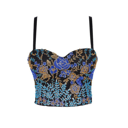 Sexy Spaghetti Strap Bustier with Color Block Embroidery and Boning for Women