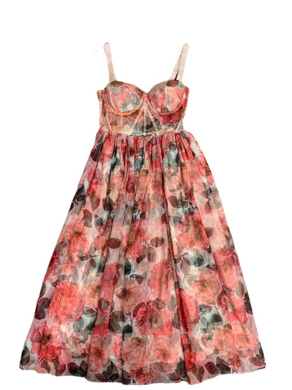 Zomerjurk in vintage stijl met spaghettibandjes en bloemenprint