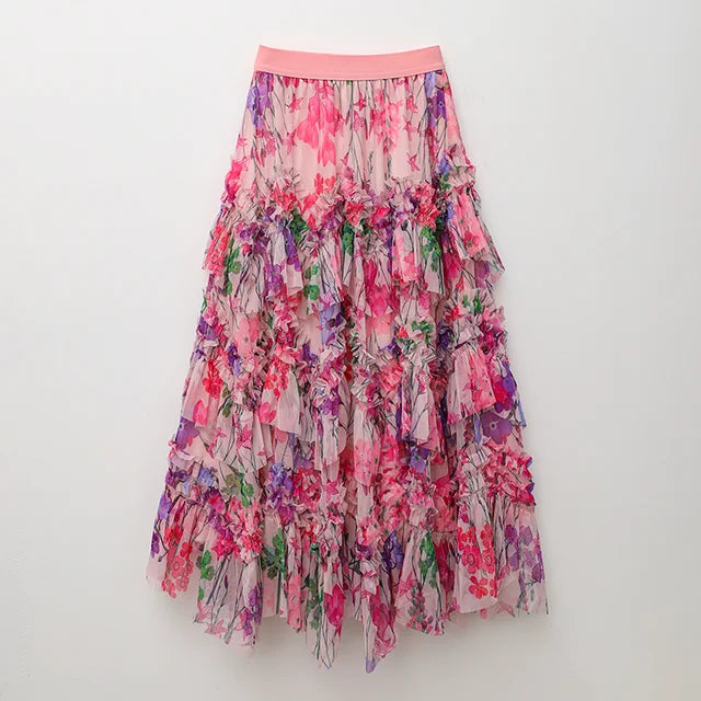 New style simple and romantic printed skirt for women with loose summer lace, slimming A-line skirt