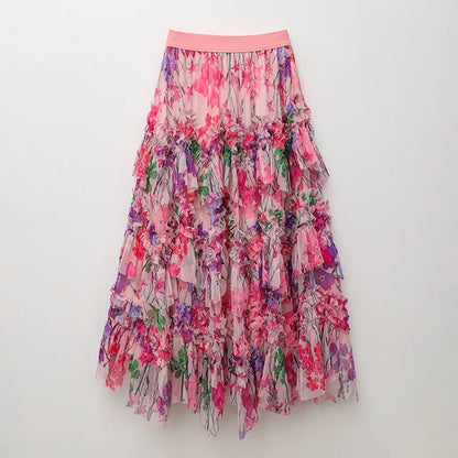 New style simple and romantic printed skirt for women with loose summer lace, slimming A-line skirt