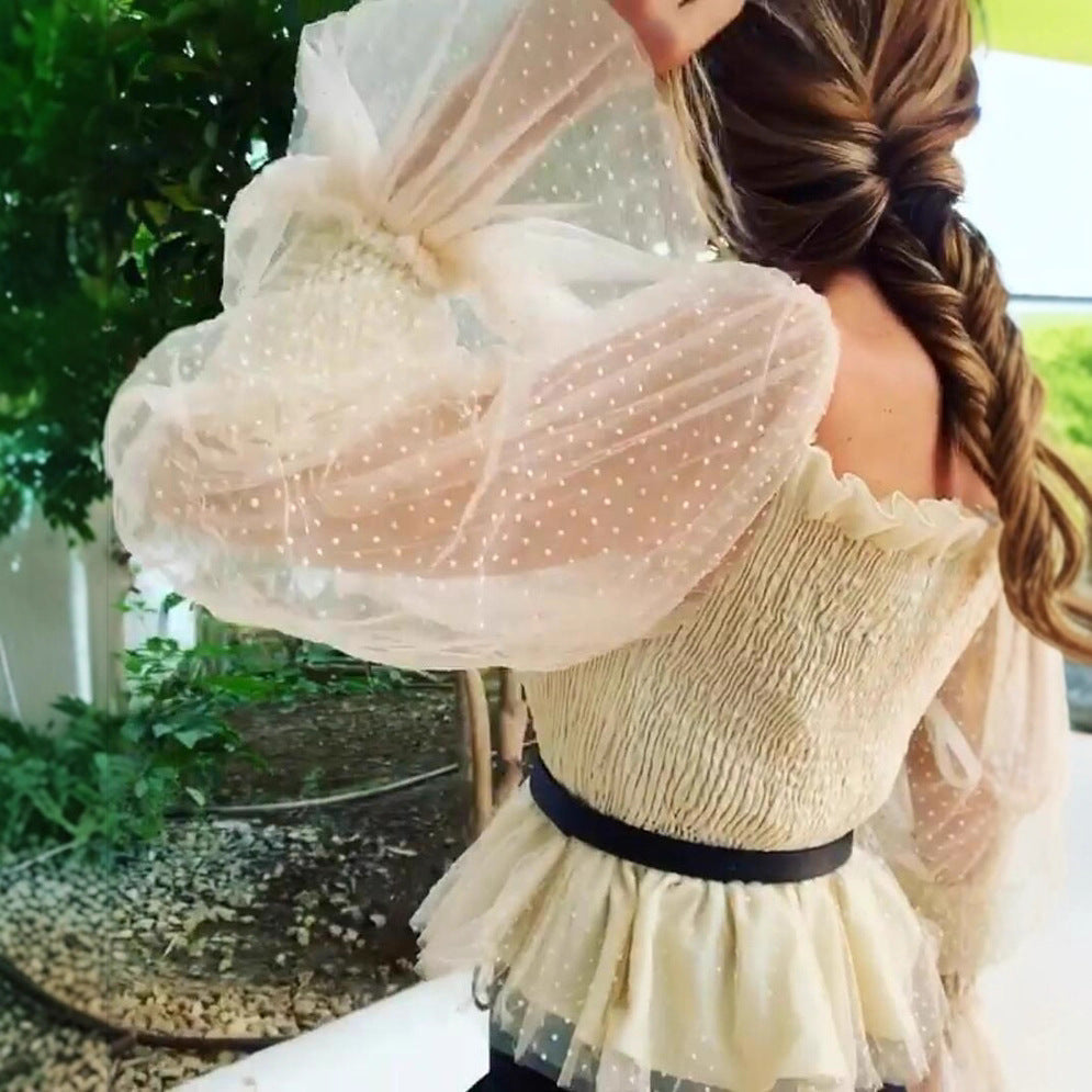 Women's Backless Pleated Mesh Top with Bubble Sleeves Chiffon Blouse