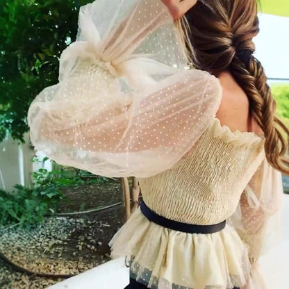 Women's Backless Pleated Mesh Top with Bubble Sleeves Chiffon Blouse