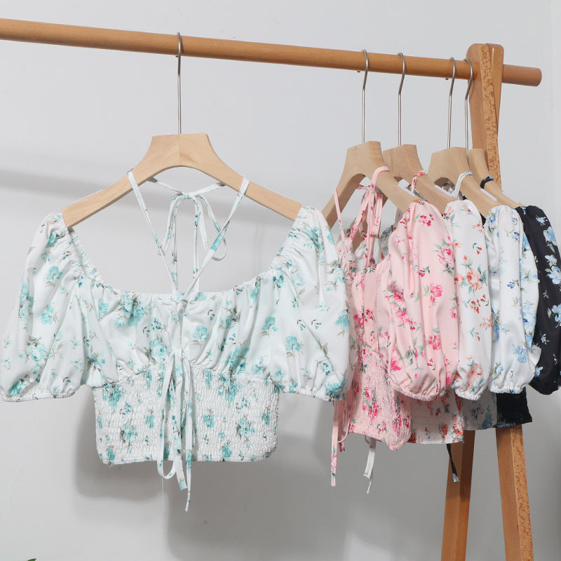 Hanging neck tie floral top