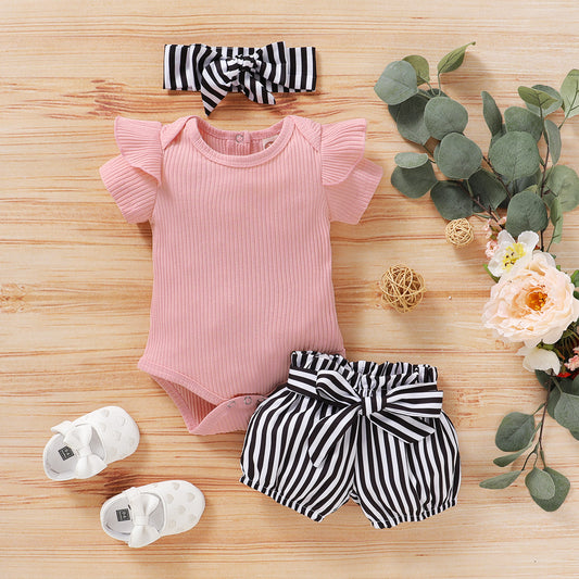 Peuter/baby meisjes gestreepte outfit met romper shortje en hoofdband