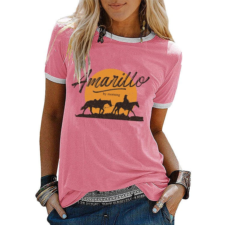 Summer women's amarillo by morning bull head contrasting retro T-shirt short sleeved