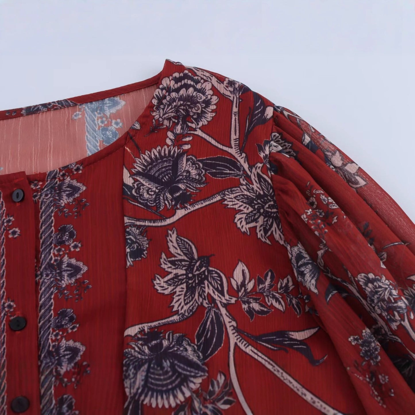 Plus size maxi-jurk met ronde hals etnische stijlprint korte pofmouwen en enkele rij knopen