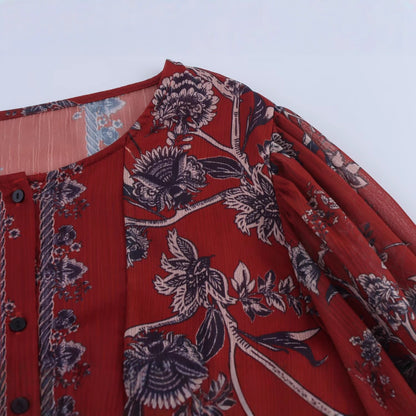 Plus size maxi-jurk met ronde hals etnische stijlprint korte pofmouwen en enkele rij knopen