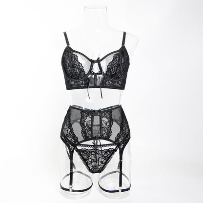 Lace Trim Sexy Women's Jacquard Sheer Lingerie Three-Piece Set