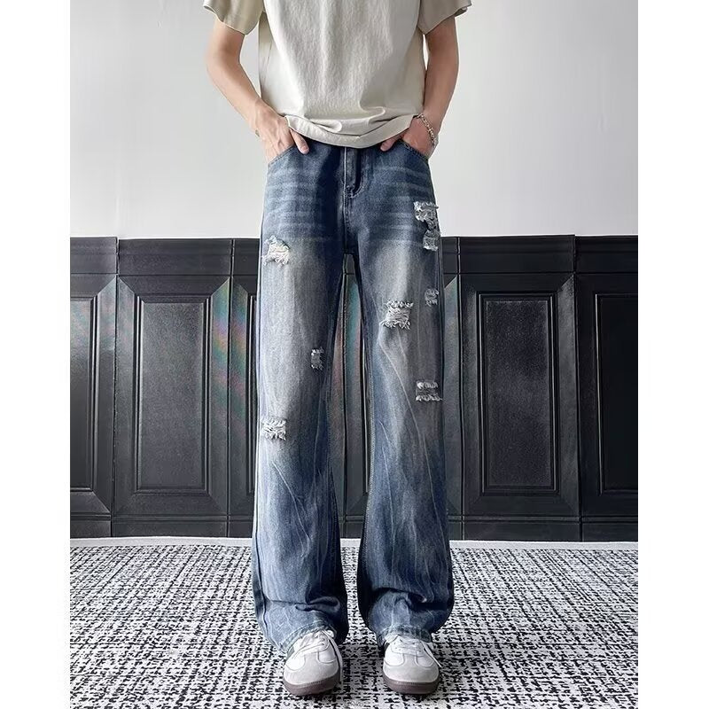 Ripped jeans men's loose straight leg hanging pants
