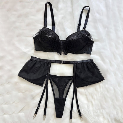 Tassel bra set with mesh and erotic lingerie three piece set for women