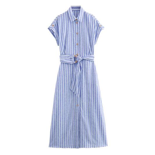 European and American Summer New Fashionable Linen Blended Striped Midi Belt Dress