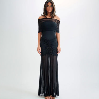 Two piece set of strapless pleated mesh spliced slim fit dress