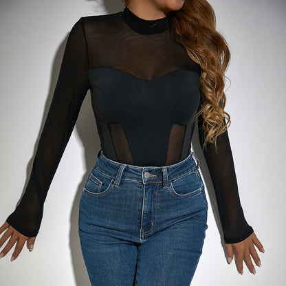 Cross-border Women's New Mesh Splicing Fitted Transparent Sexy  Export Jumpsuit
