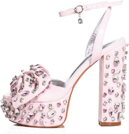 Colored Gems Pink Platform Sandals With Bowknot Women Sparkly High Block Heels Shoes