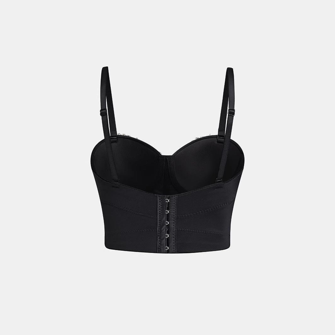 Strapless Camisole Sexy Boned Bustier Heavy Work Rhinestone Studs Stage Wear