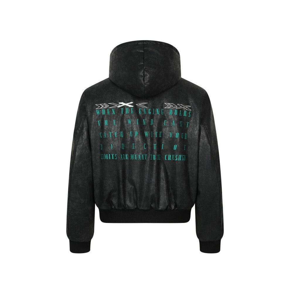Letter embroidery hooded leather jacket