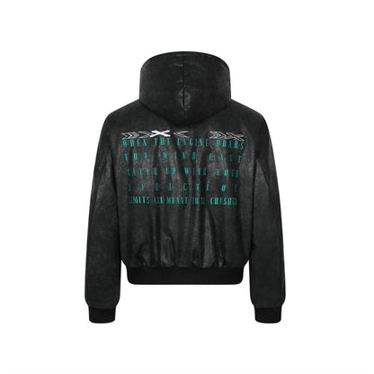 Letter embroidery hooded leather jacket