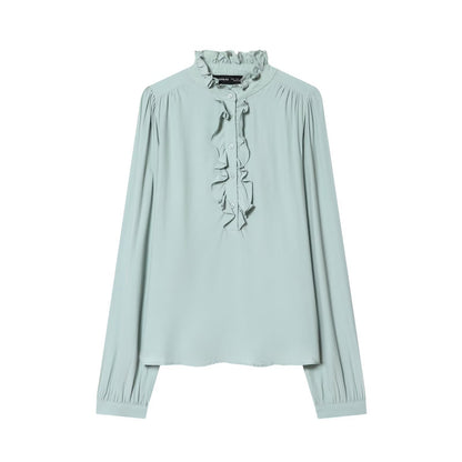 Sweet long sleeved ruffled collar viscose top