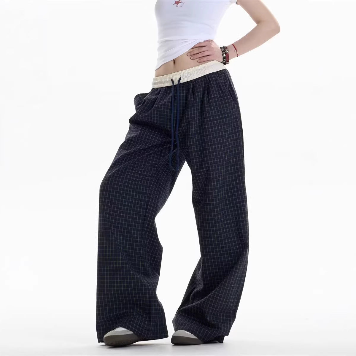 Navy Blue Checkered Casual Wide-Leg Pants