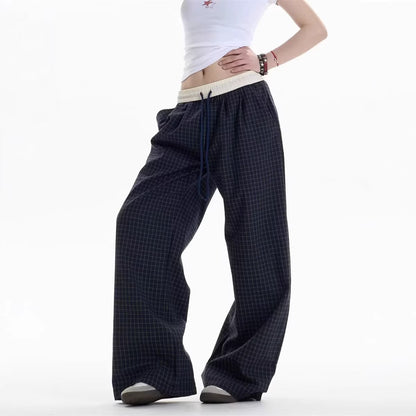 Navy Blue Checkered Casual Wide-Leg Pants