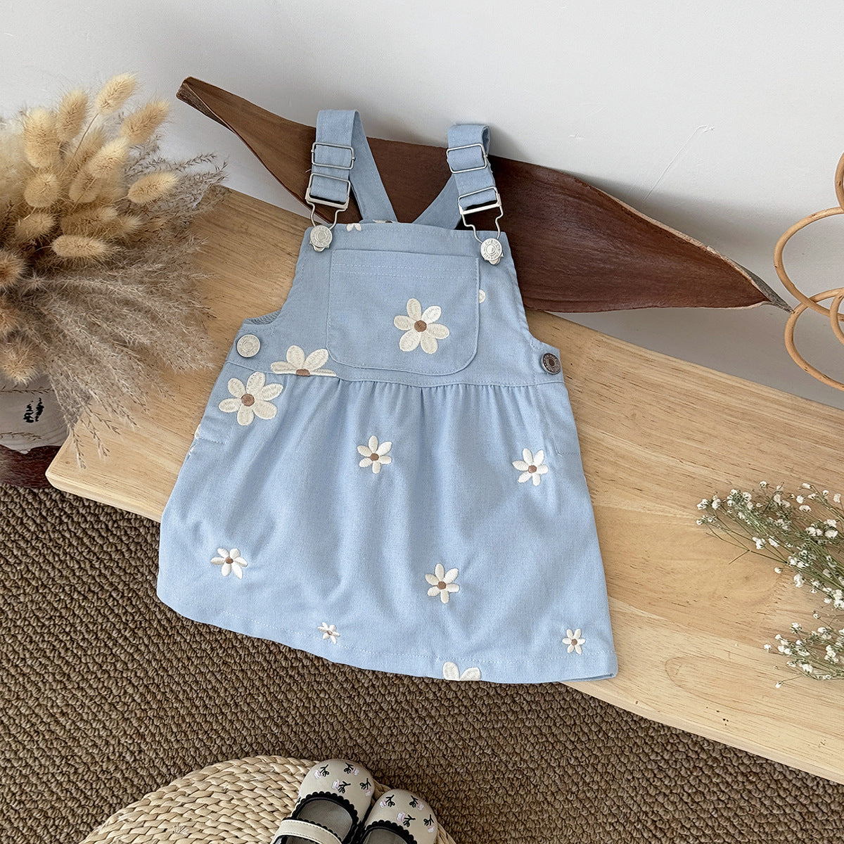 Cute Floral Embroidery Overall Dress Blue Princess Style