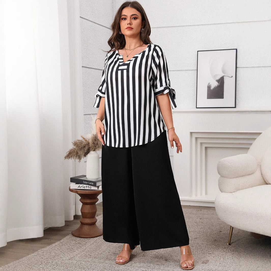 Fashionable Plus Size Loose Casual Striped Top and Wide Leg Pants Set