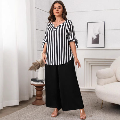Fashionable Plus Size Loose Casual Striped Top and Wide Leg Pants Set