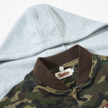 Camouflage jacket met patches en afneembare capuchon
