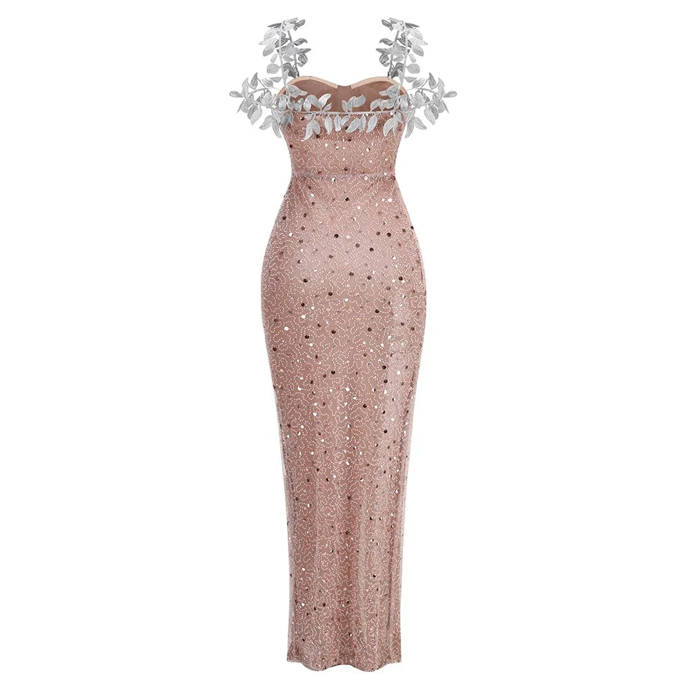Hangemaakte sexy strapless lange jurk met één schouder decoratieve details split en pailletten