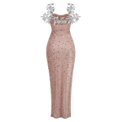 Hangemaakte sexy strapless lange jurk met één schouder decoratieve details split en pailletten