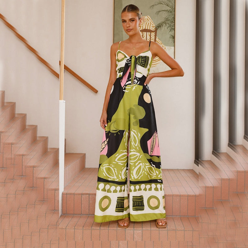 Casual en modieuze jumpsuit met digitale print strik zakken en wijde pijpen
