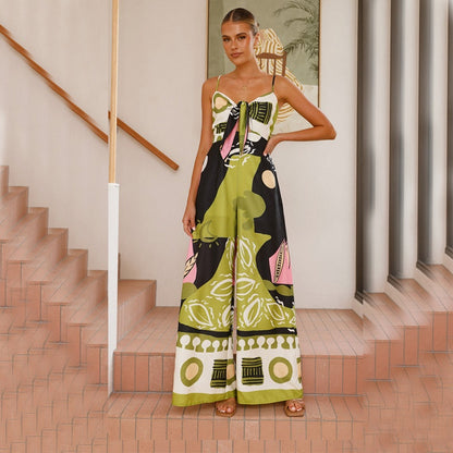 Casual en modieuze jumpsuit met digitale print strik zakken en wijde pijpen