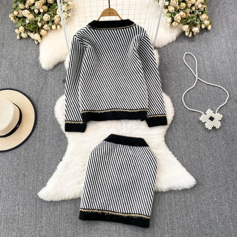 Women O-Neck Stripe Knitted Sweater Skirt Sets Autumn Wrap Hip Skirt Two Piece Suit Cardigans 2 Piece Sets Womens Outifits
