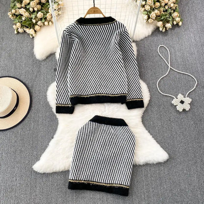 Women O-Neck Stripe Knitted Sweater Skirt Sets Autumn Wrap Hip Skirt Two Piece Suit Cardigans 2 Piece Sets Womens Outifits