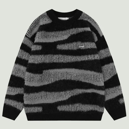 High Street Zebra Striped Patchwork Knitted Sweaters Mens Hip Hop Harajuku Casual Loose O-Neck Y2K Pullovers Couples