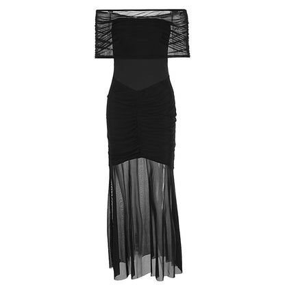 Two piece set of strapless pleated mesh spliced slim fit dress